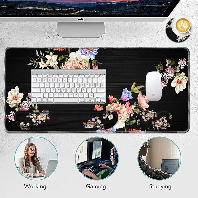 Mouse Pad Set(31.5×11.8 in) Desk Pad + Keyboard Wrist Rest Support + Mouse Wrist Rest + Coaster for OfficeHomeComputerLaptop - 4 Peony Flower