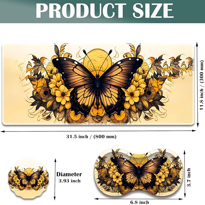 Large Game Mouse Pad + Wrist Support Pad + Coffee Coaster Desk Pad with Sewn Edges Anti-Slip Set pad Suitable for Office Work and Home - Yellow Sunflower Butterfly
