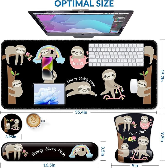 Desk Mat Set + Keyboard and Mouse Pad with Wrist Rest Support4-in-1 Large Mousepad Computer Mats for Desktop Home &amp Office -Sloths
