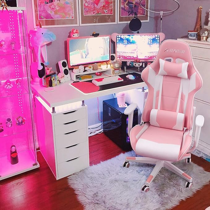 Homall Gaming Chair Office Chair High Back Computer Chair Leather Desk Chair Racing Executive Ergonomic Adjustable Swivel Task Chair with Headrest and Lumbar Support(Pink)