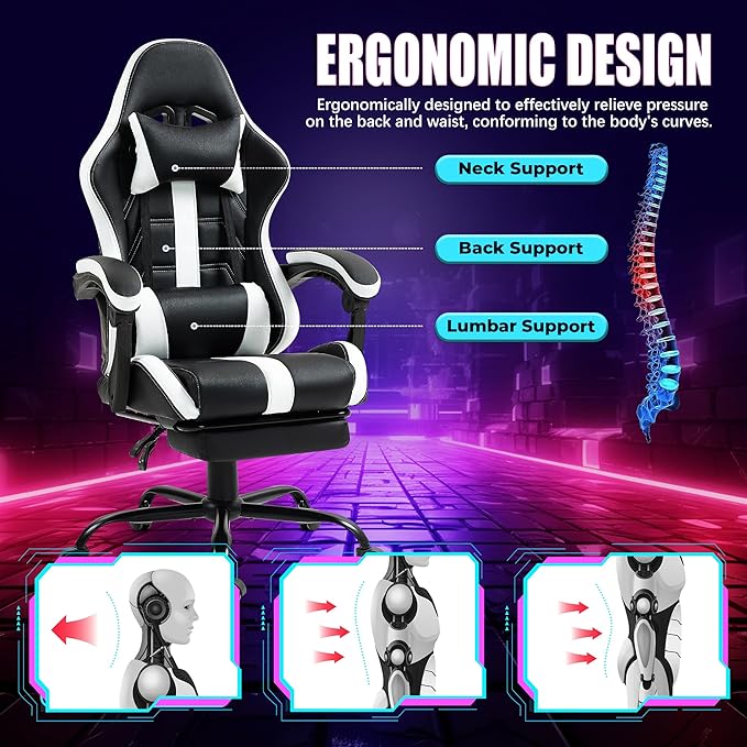 Massage Gaming Chair with Footrest Ergonomic PU Leather Computer Chair w/Headrest and Lumbar Height Adjustable 360° Swivel Desk Office Chair White