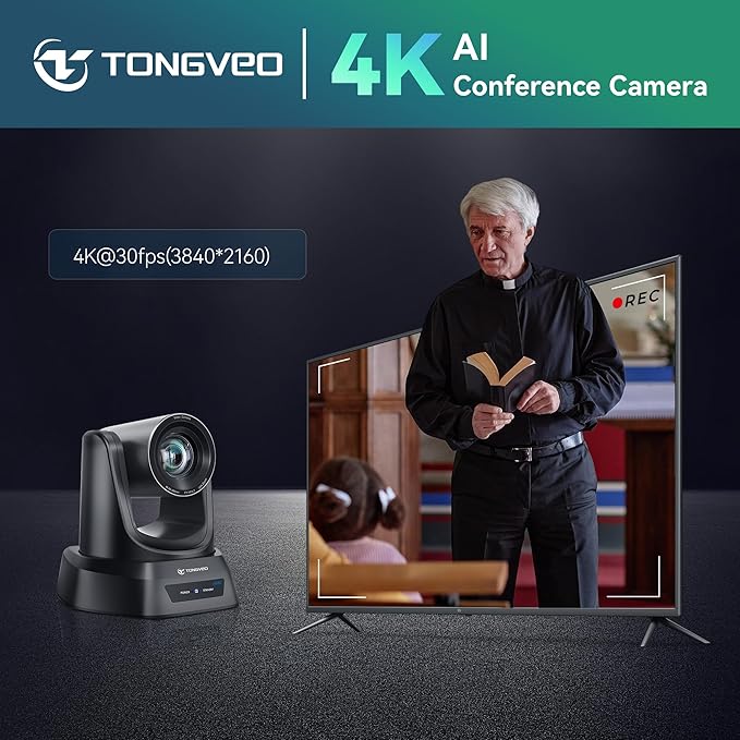 TONGVEO 4K AI Auto Tracking PTZ Conference Camera System with Bluetooth Speakerphone &amp Microphone 20X Optical Zoom USB3.0 HDMI LAN PoE Power Camera for Church Worship Meetings Streaming