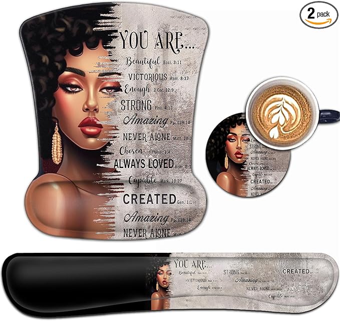Keyboard Wrist Rest and Mouse Pad Wrist Support Set Ergonomic Gel Mouse Pad Wrist Rest with Non-Slip Base for Home Office Desk Pad African American Women Black Girl Black Gaming Mouse Mat