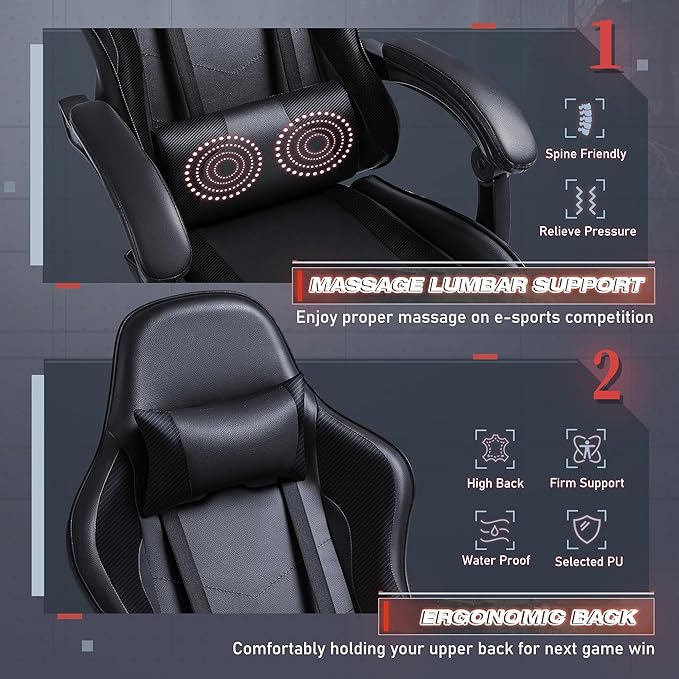 Furmax Gaming Chair Video Game Chair with Footrest and Massage Lumbar Support Swivel Seat Height Adjustable Computer Chair with Headrest Racing E-Sport Gamer Chair (Black)