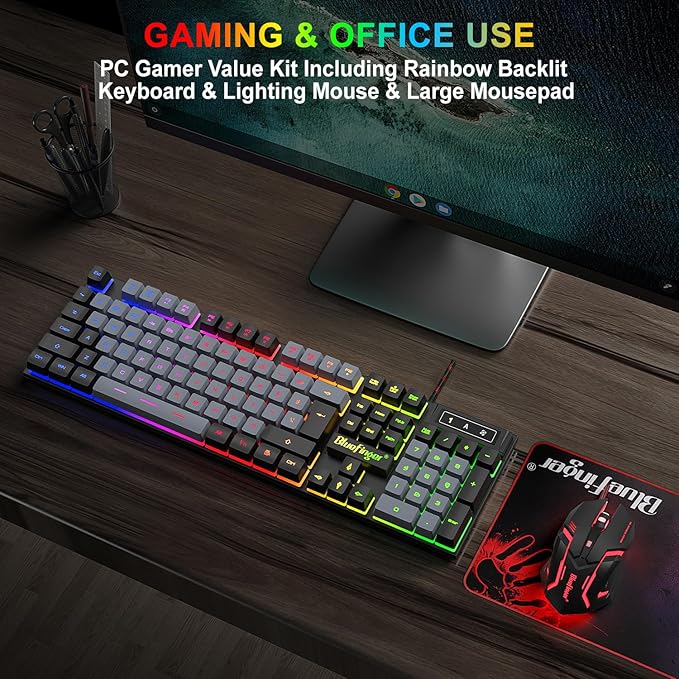 BlueFinger RGB Gaming Keyboard and Backlit Mouse Combo USB Wired LED Gaming Set for Laptop PC Computer Game and Work(Black &amp Gray)