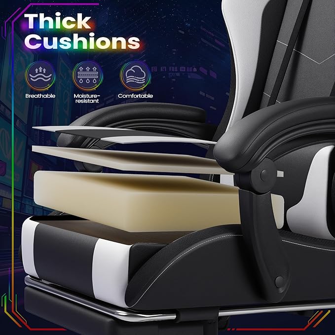 Homall Gaming Chair Video Game Chair with Footrest and Massage Lumbar Support Ergonomic Computer Chair Height Adjustable with Swivel Seat and Headrest (RGB Lvory)