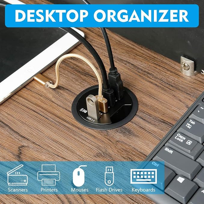 WDX Grommet Hole in Desk USB 3.0 4 Port Hub/BC 1.2 USB Charger for iPad/Tablet and iPhone/Smart Phones