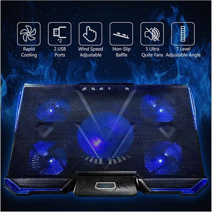 Laptop Cooling Pad LED Screen Gaming Laptop Cooler with 5 High-Speed Adjustable Fans 7 Heights Stand 2 USB Ports Compatible up to 17'' Laptop