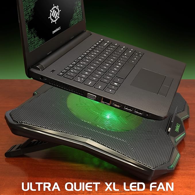 ENHANCE Cryogen 5 Gaming Laptop Cooling Pad Stand - Laptop Cooler with 7 Adjustable Height Settings &amp Dual USB Ports up to 17 inches - 1 Ultra Quiet High Performance LED Fan 800 RPM - Green