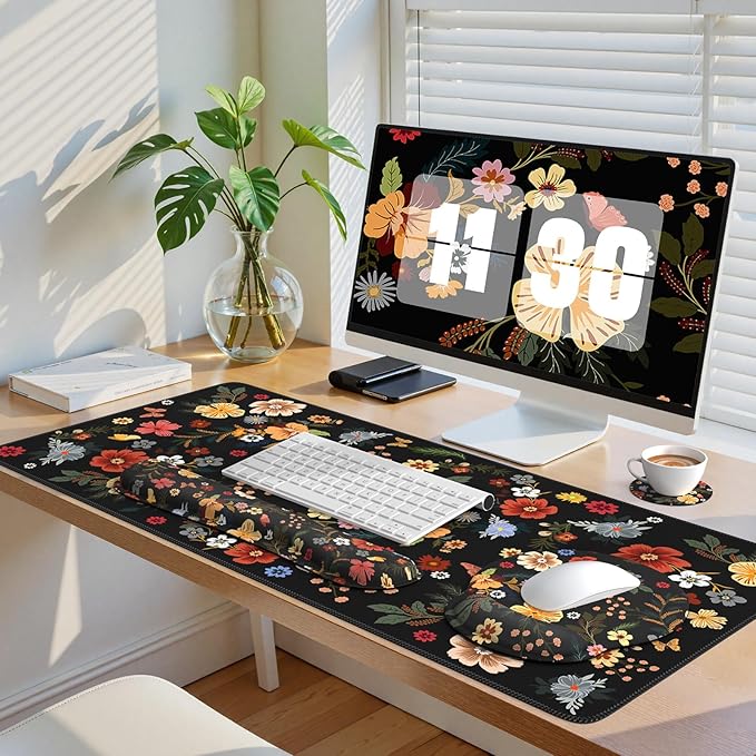 iCasso Desk Cover Mat 4in1 Floral Large Mouse Pad with Wrist Rest Desk Matt for Desktop Anti-Slip XXL Big Computer Ergonomic Mousepad with Wrist Support for Keyboard and Mouse (Flowers)