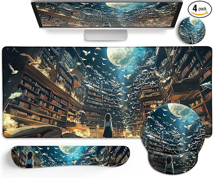 Anime Book Mouse Pad Set Large Desk Matt for Desktop Ergonomic Mouse Pad with Wrist Rest Gaming Mousepad Wrist Support Keyboard Mat Cup Coaster Set Cute Desk Accessories for Women Girl