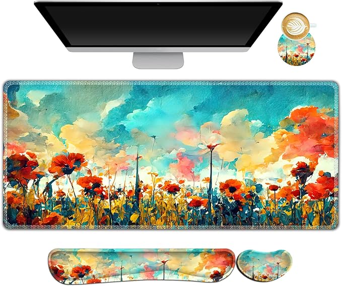 ARTSO Gaming Mouse Pad Wrist Support Set XXL Large Desk Mat Mousepad + Keyboard Wrist Support+ Mouse Wrist Rest+Coaster 4in1 Ergonomic Stitched Edge for Home Office -Oil Painting Flowers Plants
