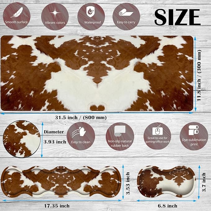 Gaming Mouse Pad Set Large Gaming Mouse Pad+Keyboard Wrist Rest+Mouse Wrist Rest+Coaster Easy Typing Pain Relief 31.5 × 11.8 inch Desk Mat for Home Office Brown Cow Print Pattern