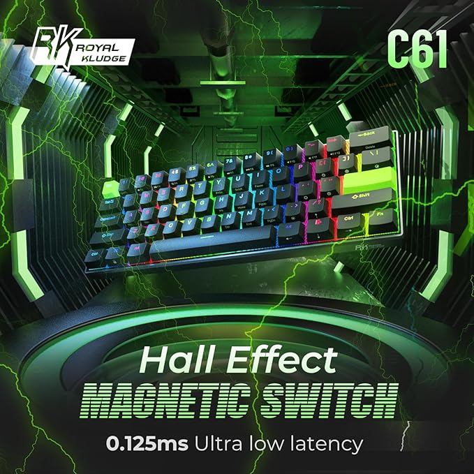 RK ROYAL KLUDGE C61 HE Gaming Keyboard 60% Wired Mechanical Keyboard with Hall Effect Magnetic Switch 8000Hz Polling Rate Rapid Trigger RGB Backlit 61 Keys Black Green
