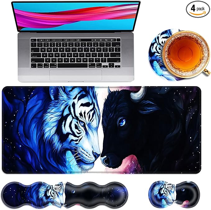 Large Mouse Pad and Keyboard Wrist Rest Desk Pad for Keyboard and Mouse 4-in-1 Large Gaming Mouse Pad with Wrist Support Desk Mat for Home Office Study GameTiger and Cow