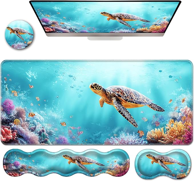 Ergonomic Keyboard Wrist Rest &amp Mouse Pad Wrist Rest SetXL Gaming Desk Mat 31.5x 11.8Non-Slip BaseMemory FoamEasy Typing Pain Relief for Office &amp HomeSea Turtle with Tropical Fish