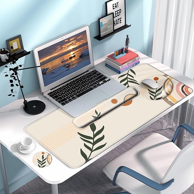 Desk Mat Set + Keyboard and Mouse Pad with Wrist Rest Support4-in-1 Large Mousepad Computer Mats for Desktop Home &amp Office-Boho Leaves