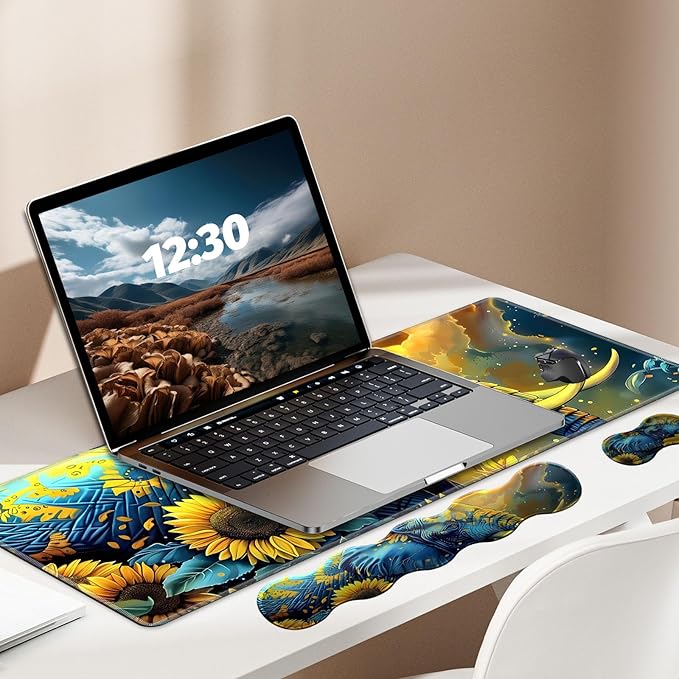4 in 1 Large Gaming Mousepad Coaster Memory Foam Ergonomic Keyboard Mouse Wrist Rest Non-Slip Rubber Base Stitched Edges Office Desk Mat Protector for Computer Home Office Elephant Sunflower Field