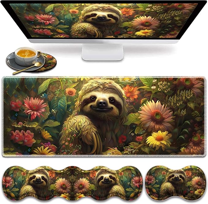 Large Gaming Mouse Pad Keyboard Wrist Rest Pad + Mouse Wrist Pad + Coaster 4 in 1 Set Extended Waterproof Non-Slip Desk Mat Suitable for Office Home Learning Games Flower Sloth