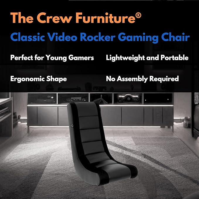 The Crew Furniture Classic Video Rocker Gaming Chair for Kids and Teens PU Faux Leather &amp Polyester Mesh Black/Black