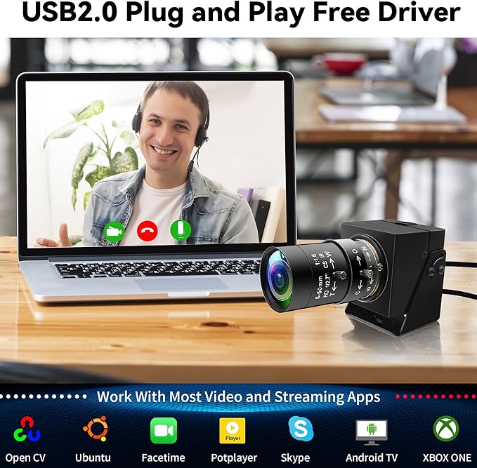 5Megepixels USB Camera 1944P 30fps Color Industrial Telephoto Webcam with CS Mount 5-50mm 10X Manual Zoom Lens PC Computer Camera Plug and Play for Windows Linux Laptop OpenCV