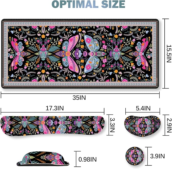 ARTSO Black Desk Mat Set Extended Gaming Mouse Pad with Wrist Rest Support +Keyboard Wrist Rest +Coaster Large Cute Butterfly Mousepad Colorful Butterfly