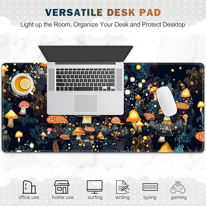 Gaming Mouse Pad Large Desk Mat Cute Desk Pad Protector 4in1 XXL Mousepad + Keyboard Wrist Rest+Mouse Wrist Rest+Coaster Set with Ergonomic Desk Pad for Home Office Table Computer Lovely Mushroom