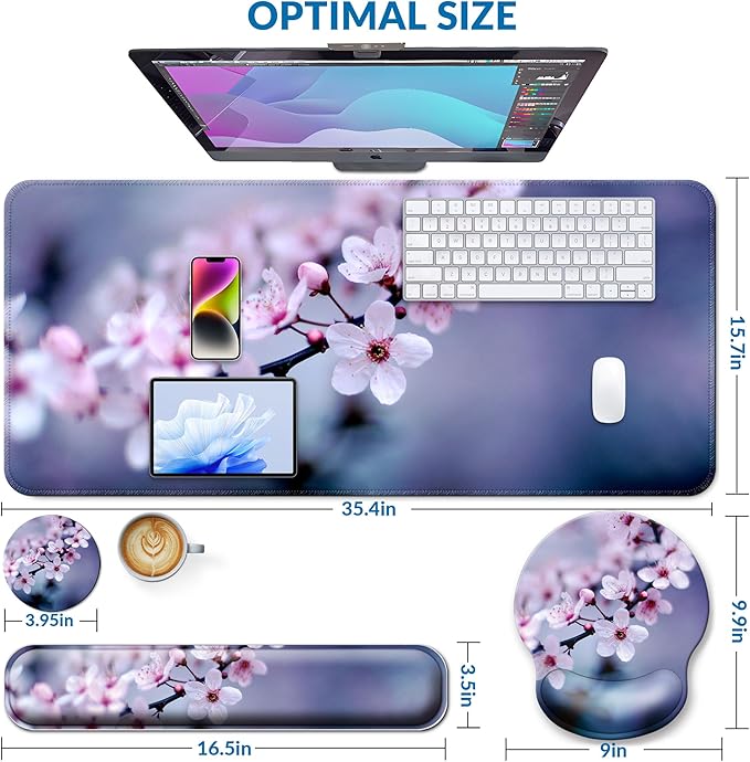 Desk Mat Set + Keyboard and Mouse Pad with Wrist Rest Support4-in-1 Large Mousepad Computer Mats for Desktop Home &amp Office-Cherry Bloosom