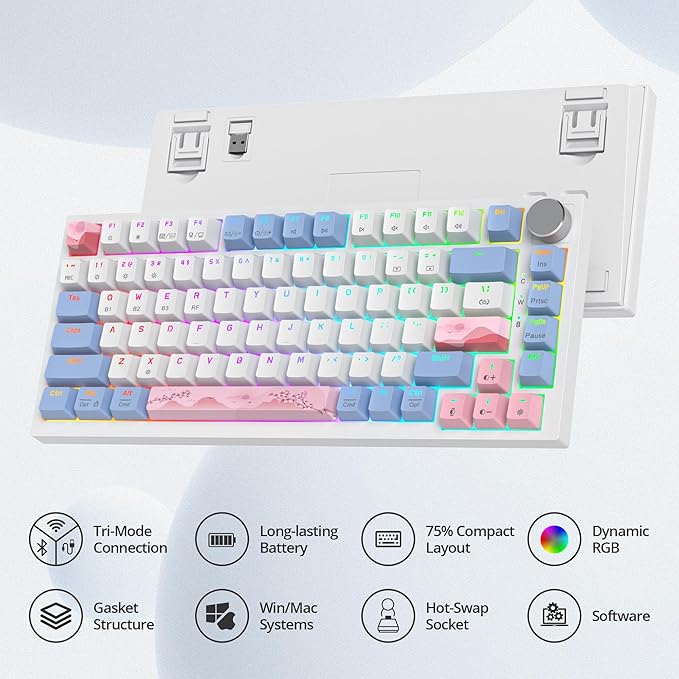 400PRO 75% Wireless Creamy Mechanical Keyboard Pink Gasket Hot Swappable RGB Gaming Keyboard Bluetooth/2.4GHz/USB-C Cute Key Board with Pre-lubed Cream Grey Switches (82 Pink White)