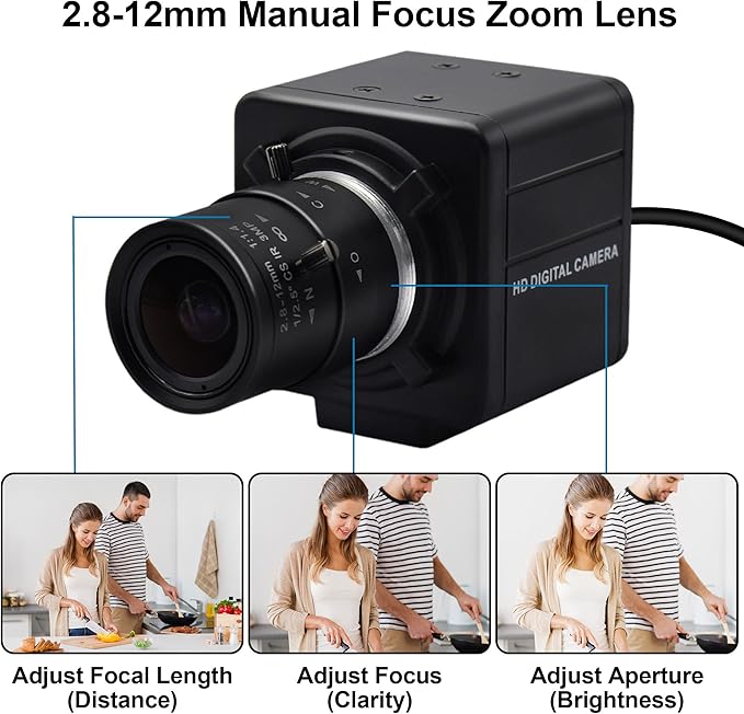 MMlove 8MP USB Camera High Speed 30fps 2.8-12 4X Optical Zoom Lens 2448P USB Webcam Manual Close up Zoom in and Out Golf Swing Camera for Industrial Machine Vision Support PC Raspberry Pi