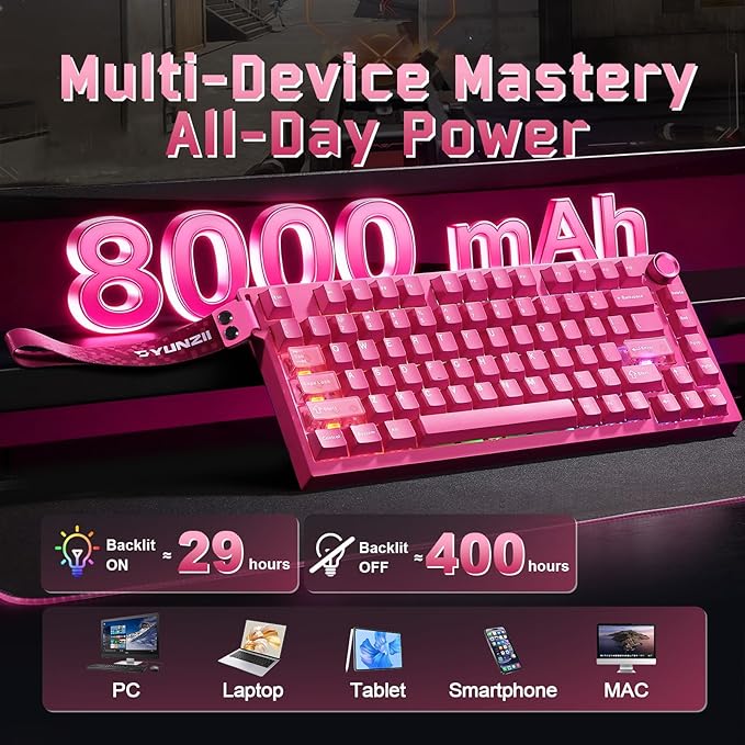 YUNZII RT75 PRO Wireless Gaming KeyboardHall Effect Mechanical Rapid Trigger Magnetic Keyboard Bluetooth/USB-C/2.4G Dual 8KHz Polling Rate &amp128K ScanRGB BacklitTGL/SOCD/DKS/MT (PinkRed Switch)