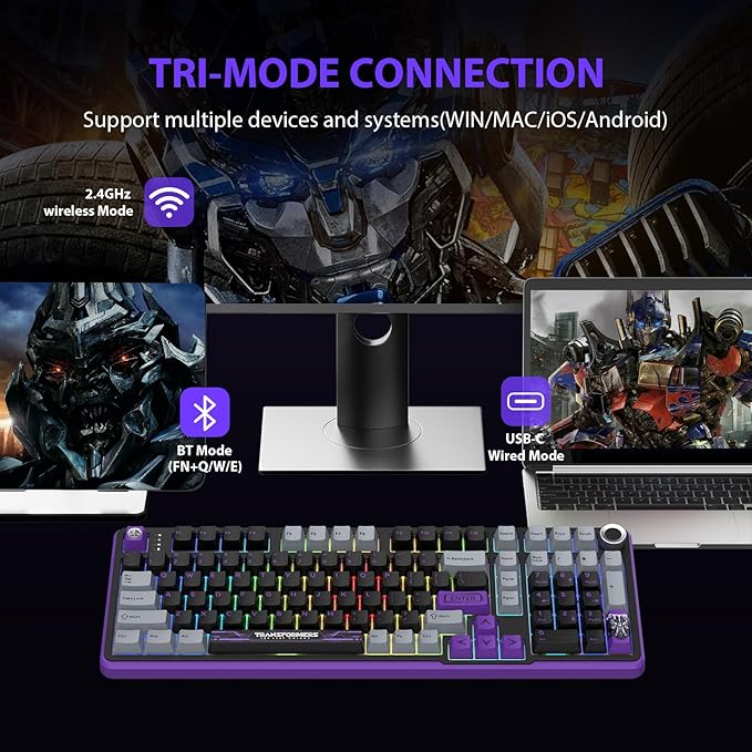 Transformers GK01 Wireless Mechanical Keyboard with Knob101 Keys RGB Creamy Gaming Keyboard BT5.0/USB-C/2.4GHzPre-lubed Linear SwitchesHot Swappable Custom Computer Keyboards(Megatron Black)