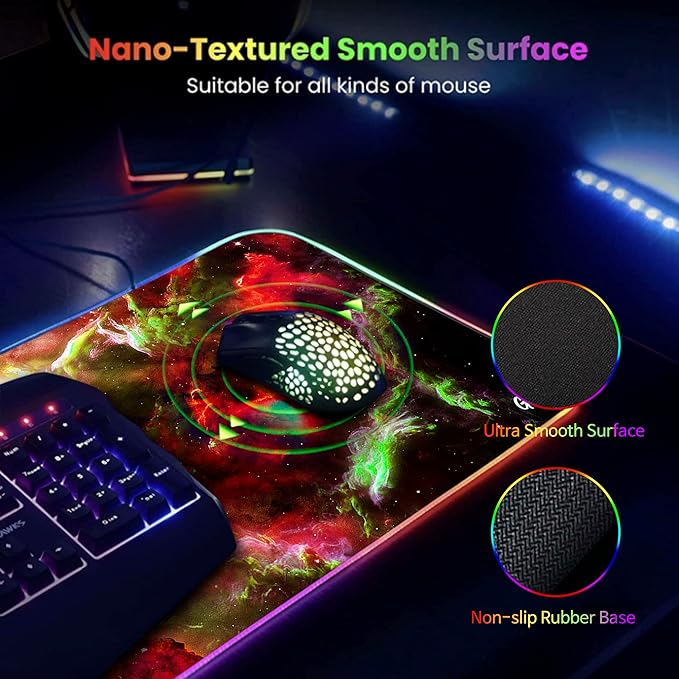 Gerlos RGB Large Gaming Mouse Pad Extended Soft LED Mouse Pad Non-Slip Rubber Base Water Resist Keyboard Pad Computer Mousepad 31.5×11.8 inches