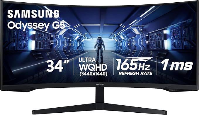Samsung 34' Odyssey G5 Ultra-Wide Gaming Monitor with 1000R Curved Screen 165Hz 1ms FreeSync Premium Large Display Eye Comfort Multiple Ports WQHD LC34G55TWWNXZA Black