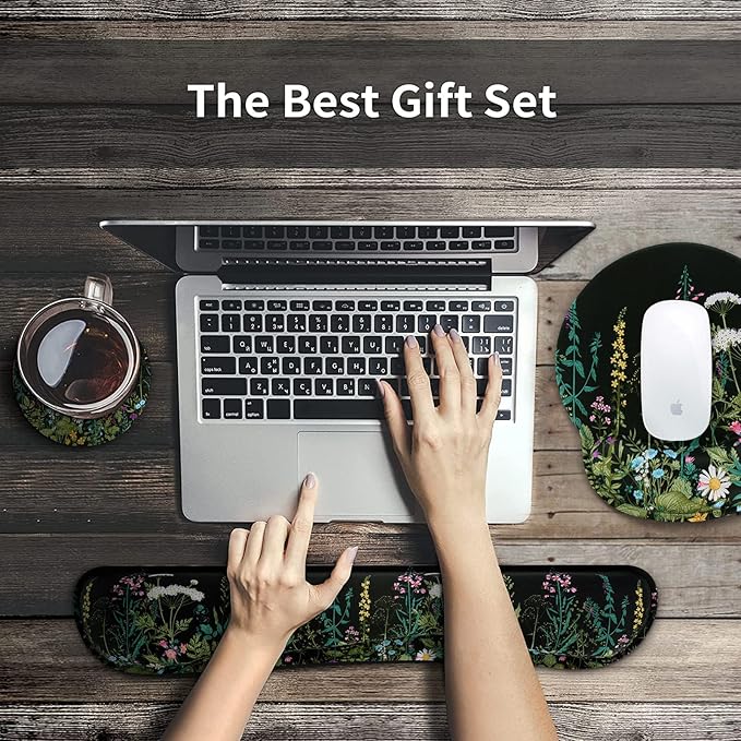 iCasso Large Mouse Pad Mouse Pad Wrist Support Set4in1 XXL Large Mousepad + Keyboard Wrist Rest+Mouse Wrist Rest+Coaster Set with Ergonomic Design for Home Office Table Computer-Weeds