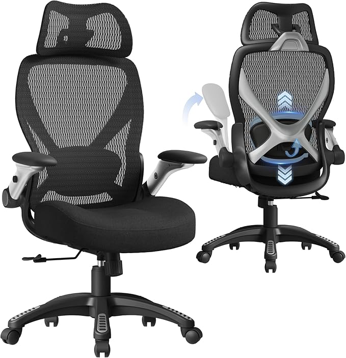 ELABEST X100 Ergonomic Mesh Office Chair Big and Tall Hone Desk Chair with 5D Flip-Up Arms Adjustable 3D Lumbar SupportGaming &amp Executive Computer Chairs for Long Hours Padded Seat