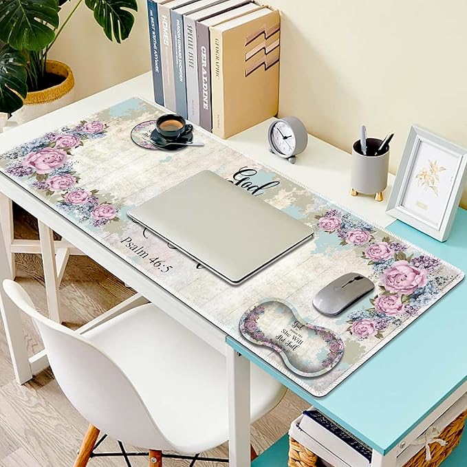 3-in-1 Large Mouse Pad Gaming Set (31.5 x 11.8 inch)+ Wrist Rest Pad + Coaster Memory Foam Gel Wrist Rest Pad for Pain Relief Stitched Edges Non-Slip Table Mat Psalm 46:5 Floral