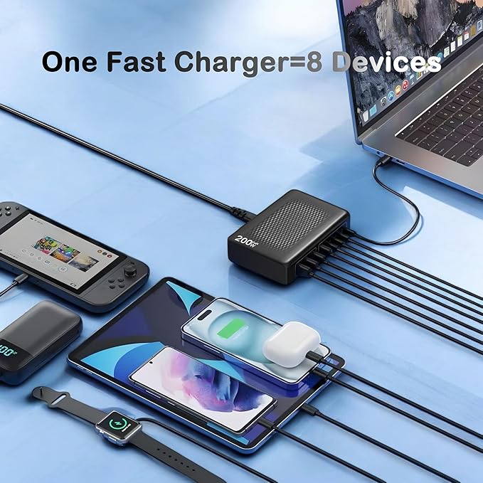 200W USB C Charger BlockUpgraded GaN III 8-Port Fast Charging Station HubPD 65W Laptop Charger Adapter Compatible with MacBook Pro/AirDELLSteam DeckiPhone 16/15/14Galaxy S23/22 etc (Black)