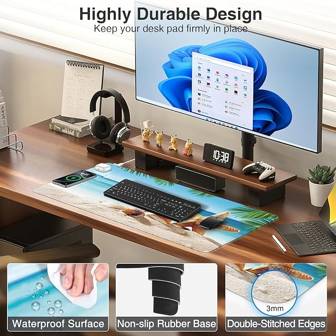 Wireless Charging Mouse Pad 31.5x15.8 Large Gaming Desk Mat for Keyboard/Laptop Waterproof Ultra-Smooth Surface Non-Slip Base with 20W PD Adapter Summer Beach