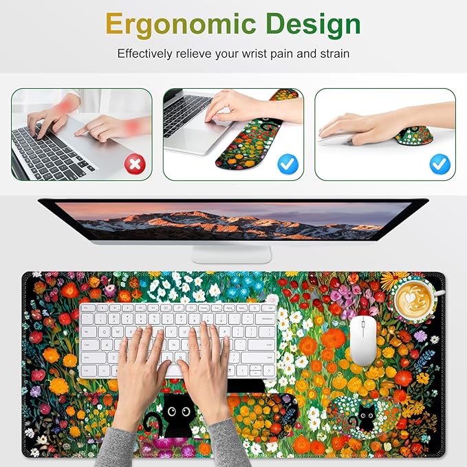 Large Gaming Mouse Pad Set 4 in1 Ergonomics Keyboard Desk Mat w/Memory Foam Wrist Rest Computer Extended Game Mousepad Non-Slip Desk Matt Easy Typing Pain Relief I Multicolored Flower Cat