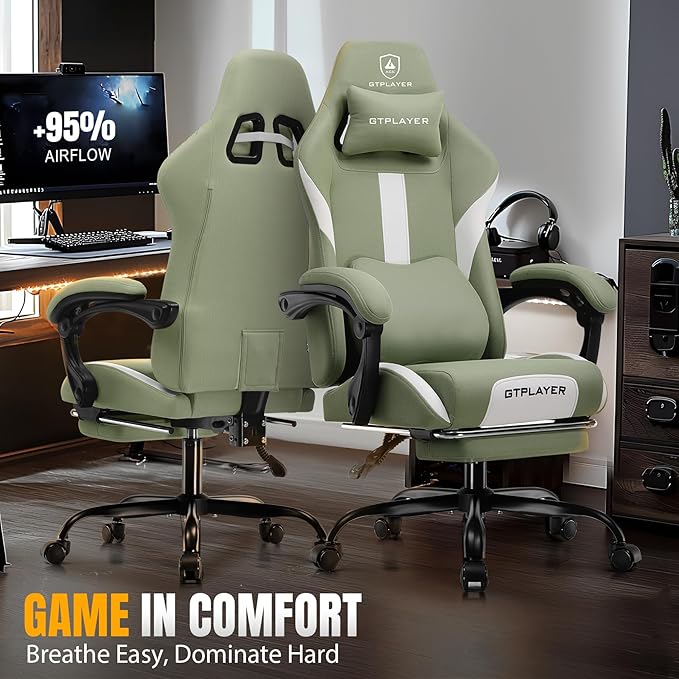 GTPLAYER Gaming Chair with Foot Rest &amp Pocket Spring Cushion Ergonomic High Back Computer Desk Chair with Headrest &amp Lumbar Support for Back Pain Relief Breathable Fabric Green