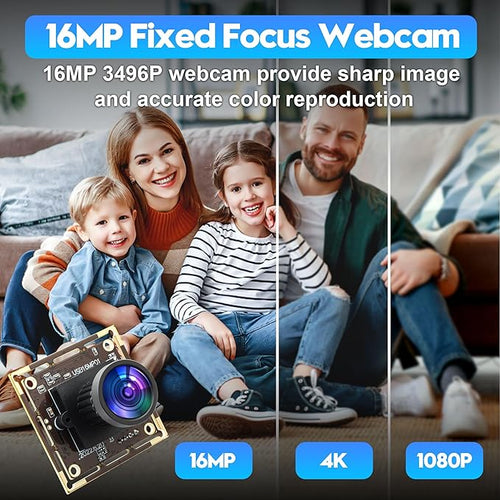 16MP USB Camera Module Wide Angle 110 Degree No Distortion Lens Ultra HD 3496P Plug and Play Compatible with WinXP/Vista/WIN7/WIN8/Win9/Win10/Win11/Linux/Mac-OS X/Wince/Android