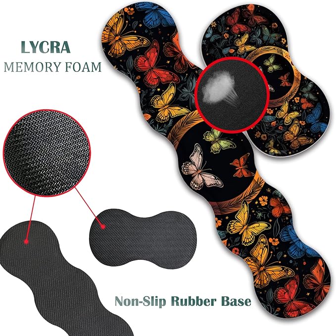 Mouse Pad Combo Large Gaming Mouse Pad + Keyboard Wrist Support + Mouse Wrist Rest + Coaster Table Pad 31.5 x 11.8 with Memory Foam Ergonomic Wrist Pad Set Colorful Butterfly Moon Pattern