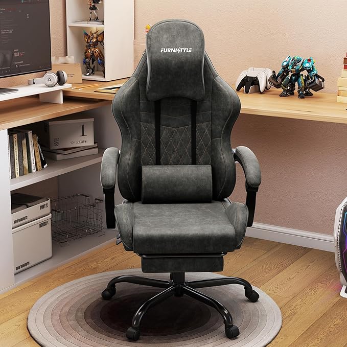 Gaming Chair Big and Tall Grey Leather Video Game Chairs with Footrest Padded Linkage Armrests &amp Large Headrest Ergonomic Computer Chair 350lbs for Adults Gaming or Office Use