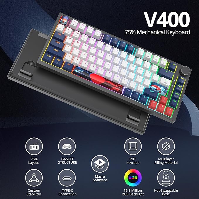 75% TKL Wired Mechanical KeyboardRGB Backlit Gasket Mount 82 Key Hot Swappable Custom Linear Red Switch Gaming Keyboard with Volume Knob &amp PBT Keycaps (82 White Earth)