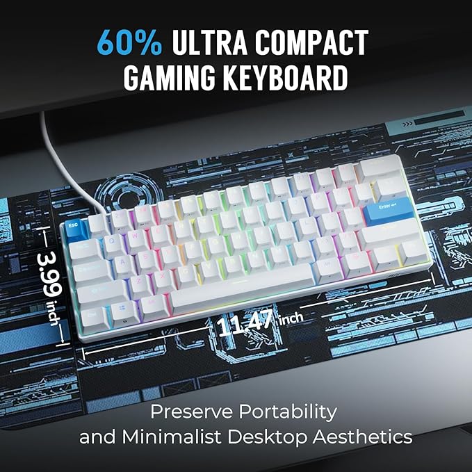 RK ROYAL KLUDGE C61 HE Gaming Keyboard 60% Wired Mechanical Keyboard with Hall Effect Magnetic Switch 8000Hz Polling Rate Rapid Trigger RGB Backlit 61 Keys White Blue