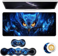 Keyboard Mouse Pad Set Extended Gaming Mouse Pad+Ergonomics Keyboard Wrist Rest Support Memory Foam Easy Typing Pain Relief 4Pcs XL Ultra Thick Desk MatCosmic Owl Glowing Eyes