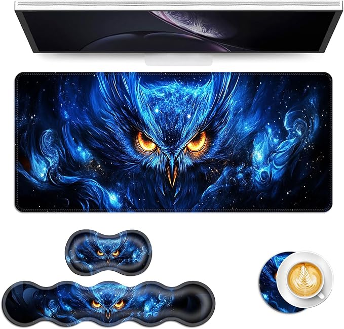 Keyboard Mouse Pad Set Extended Gaming Mouse Pad+Ergonomics Keyboard Wrist Rest Support Memory Foam Easy Typing Pain Relief 4Pcs XL Ultra Thick Desk MatCosmic Owl Glowing Eyes