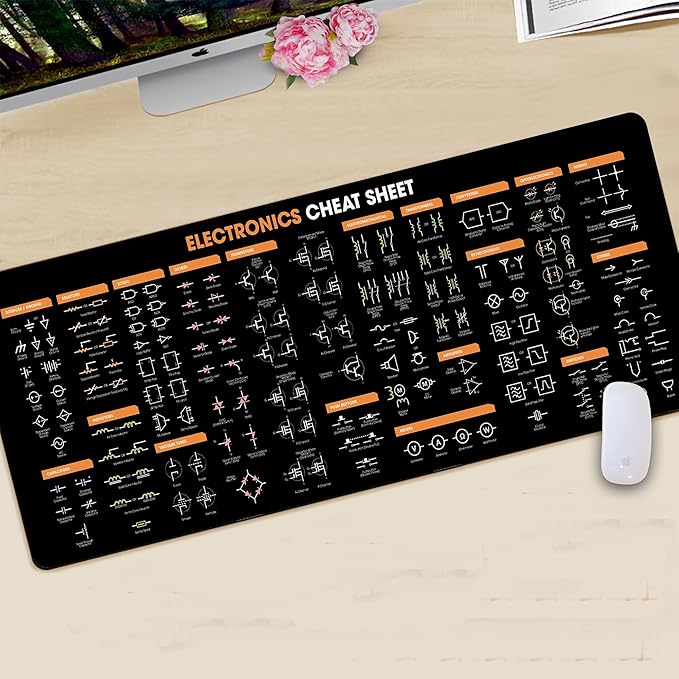 Electronics Cheat Sheet Mouse Pad – Circuit Symbols Quick Reference Mouse Mat Large Desk Mat for Students &amp Engineers Essential Computer Accessories for Study Work and Reference Purposes NNA