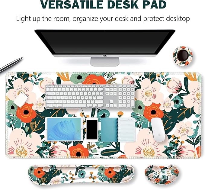 ARTSO Extended Gaming Mouse Pad Set Keyboard Wrist Rest Support Pad + Wrist Cushion + XXL Large Mouse Pad + Coaster Stitched Edge Non-Slip Memory Foam Desk Mat Flower